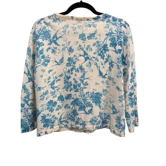 Garnet Hill Size L Blue Floral ButtonFront Merino Wool Cropped Cardigan Sweater - Picture 3 of 7
